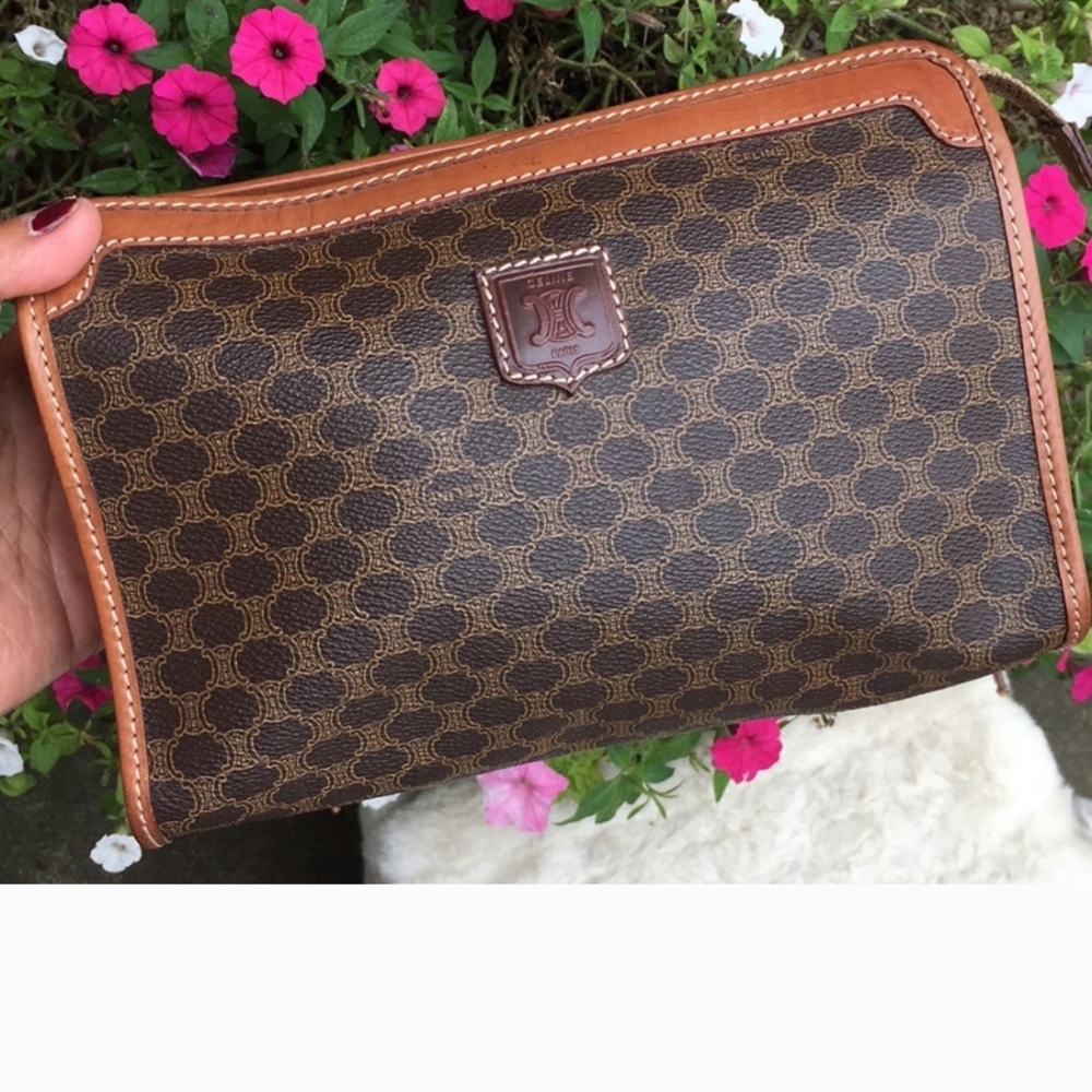 Celine Brown Monogram Wristlet with Leather Accents